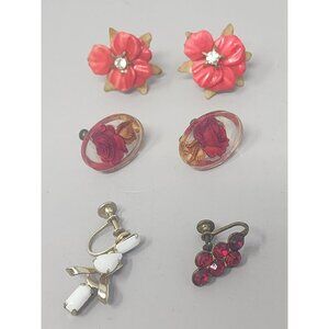 Vintage Screw On‎ Earrings Lucite Rose Celluloid Flower Milk Glass Red Glass